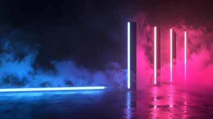 Poster - Abstract futuristic cityscape with glowing neon lights and colorful digital patterns reflected on a dark surface creating a modern surreal and atmospheric nighttime scene