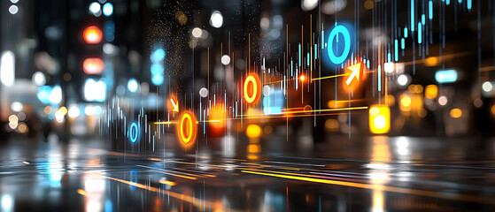Poster - Analyzing financial trends urban nightscape digital graphics modern business environment aerial view data visualizations for insights