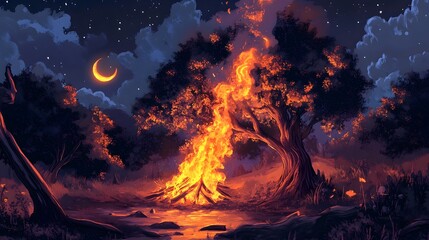 Aufkleber - Breathtaking nighttime scene of a roaring bonfire engulfing the trunk of a majestic tree casting an ethereal glow over the surrounding forest landscape