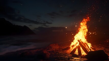 Poster - Breathtaking scenic view of a roaring campfire illuminating the serene landscape of a tranquil mountain lake at dusk  The flickering flames cast a warm glow over the rugged terrain