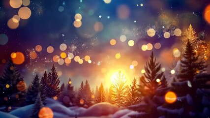 Poster - Captivating winter sunset illuminating a snowy forest with sparkling lights and twinkling bokeh effects. Generative AI