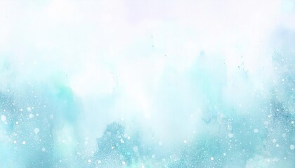 Poster - soft aqua watercolor background with snow like white splatter for winter designs, serene and abstract aesthetic

