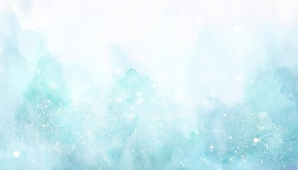 Poster - soft aqua watercolor background with snow like white splatter for winter designs, serene and abstract aesthetic

