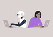 © nadia_snopek - In a modern workspace, a human and a robotic figure sit side by side, each focused intently on their laptops, This moment illustrates the harmony between human effort and AI assistance in daily tasks