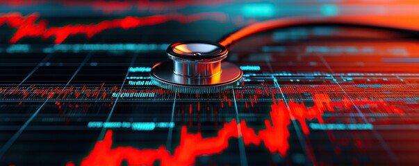 Leinwandbilder - Stethoscope and digital health chart concept. A stethoscope rests on a digital graph, symbolizing health monitoring and data analysis.