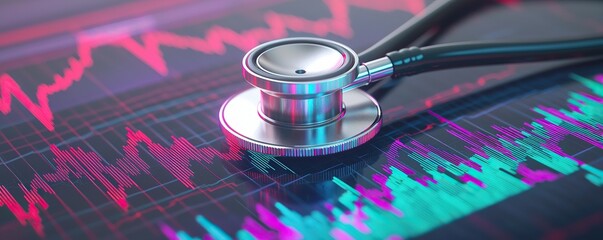 Leinwandbilder - Stethoscope and digital health chart concept. Stethoscope on a digital display with fluctuating health data graphs.