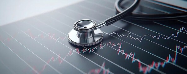 Leinwandbilder - Stethoscope and digital health chart concept. Stethoscope resting on a stock market chart, symbolizing healthcare finance and investment.