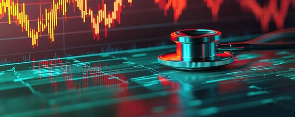 Leinwandbilder - Stethoscope and digital health chart concept. A stethoscope rests on a digital chart, symbolizing health and finance integration.