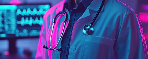 Fototapete - A medical professional in a stylish environment, wearing a stethoscope with colorful lighting effects.