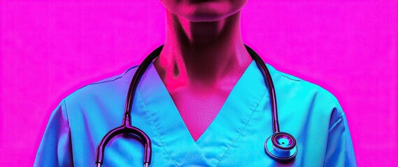 Aufkleber - A healthcare professional wearing scrubs and a stethoscope against a vibrant pink background.