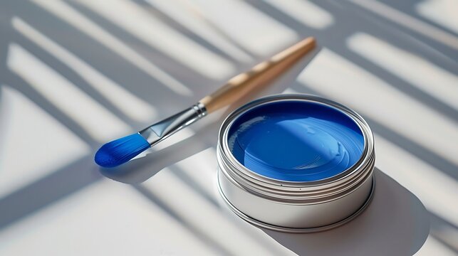 Paint can with blue paint and brush on white table. 3D rendering