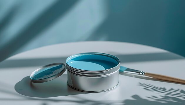 Paint can with blue paint and brush on white table. 3D rendering