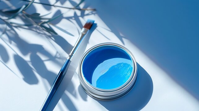 Paint can with blue paint and brush on white table. 3D rendering