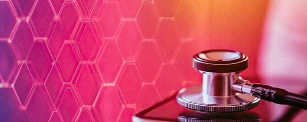 Fototapete - Stethoscope and digital health chart concept. Stethoscope on smartphone with a colorful hexagonal background representing health technology.