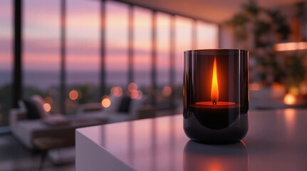 Poster - A cylindrical object with a flame emanating from it, placed on a surface, with a blurred background revealing a room with a couch, a lamp, and a window. The scene is set during what appears to be eith