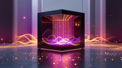 Aufkleber - A digital artwork featuring a vibrant, neon-lit cube on a reflective surface, surrounded by a gradient of colors transitioning from deep purples and blues to bright pinks and yellows. The cube itself 