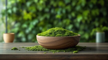 Poster - A wooden bowl filled with vibrant green moss placed on a wooden surface. In the background, there are blurred green plants and a potted plant, creating a serene atmosphere.