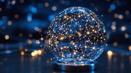 Aufkleber - A transparent glass sphere filled with glowing particles, set against a blurred blue background.