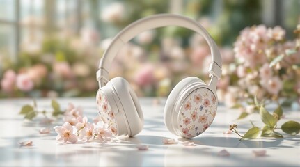 Aufkleber - A pair of over-ear headphones with a floral pattern, placed on a surface surrounded by delicate pink flowers with green leaves. The background is slightly blurred, emphasizing the headphones and flowe