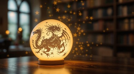 Poster - A magical lamp with a detailed dragon silhouette, surrounded by twinkling stars, set against a blurred background.