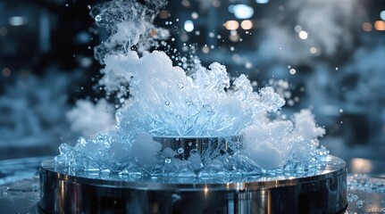 Poster - A close-up shot of a pot filled with water, with a splash of water on top of it, set against a blurred background with a bokeh effect. The water appears to be boiling, and the pot is placed on a surfa