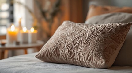 Poster - A close up of a bed with a decorative pillow on it, surrounded by candles on a table to the left, with a blurred background.