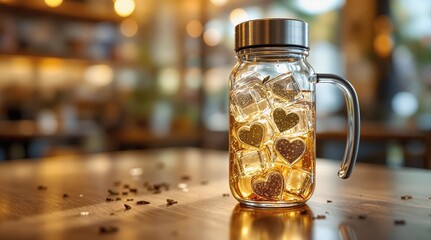 Poster - A glass jar filled with a golden liquid, likely iced tea, accompanied by heart-shaped ice cubes. The jar is placed on a wooden surface, with a blurred background suggesting a cozy indoor setting, poss