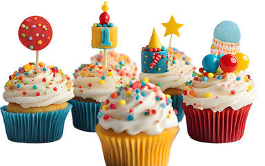 Poster - A set of decorative cupcake toppers with birthday themes, isolated on a empty plain background