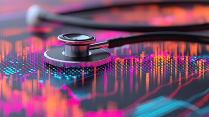 Leinwandbilder - Stethoscope and digital health chart concept. A stethoscope rests on a vibrant, colorful financial chart, symbolizing healthcare and data analysis.
