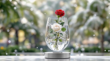Poster - A glass vase filled with water and a single red rose, set against a blurred background with a bokeh effect. The vase is transparent, allowing the viewer to see the rose's vibrant red petals and the cl