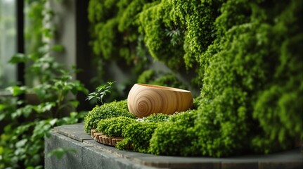 Poster - A close-up of a wooden bowl sitting atop a stone ledge, surrounded by lush green moss. The background is slightly blurred, emphasizing the vibrant green of the moss and the warm brown of the bowl.