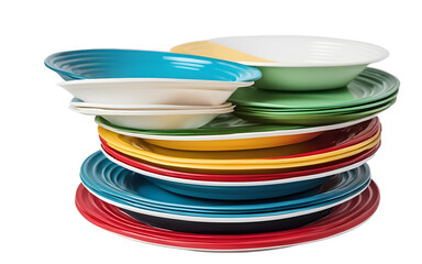 Poster - A stack of colorful paper plates for a party, isolated on a empty plain background