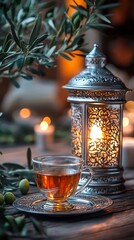 Poster - Celebrate Ramadan with this elegant invitation featuring a beautifully crafted lantern and a delicate cup of tea, amidst soft candlelight and olive branches, creating a warm ambiance