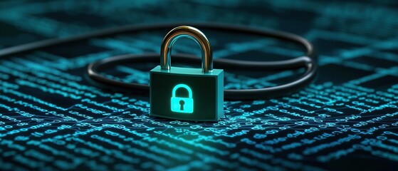 Leinwandbilder - Digital health chart concept. Digital padlock on a circuit-like background symbolizes cybersecurity and data protection.