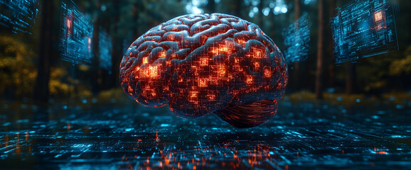 Poster - Glowing Digital Brain In Dark Forest