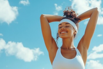 Wall Mural - Beautiful woman doing stretching and fitness at the beach, wearing white tank top with sweatband on her arm and closed eyes smiling