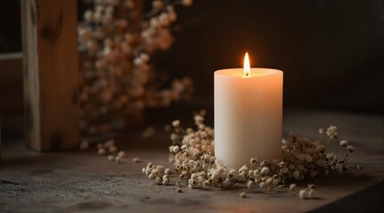 Poster - A lit white candle placed on a wooden surface, surrounded by delicate white flowers. The background is slightly blurred, emphasizing the candle and its contents.