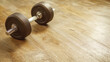 © photolas - Pair of matte dumbbells resting on wooden floor in a bright and spacious gym environment during morning light