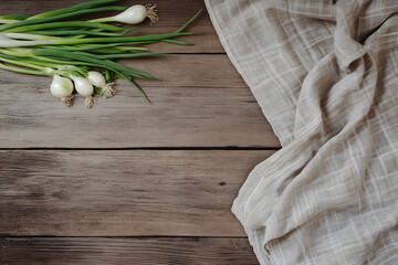Aufkleber - Rustic wooden background with fresh green onions and a napkin, top-down view with space for text