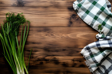 Aufkleber - Rustic wooden background with fresh green onions and a napkin, top-down view with space for text