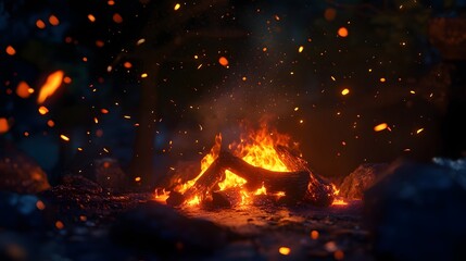 Poster - Captivating image of a roaring campfire with vibrant flames glowing embers and dancing sparks in the midst of a tranquil wilderness setting