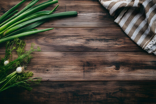 Rustic wooden background with fresh green onions and a napkin, top-down view with space for text