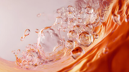 Fototapete - Captivating image showcasing a dynamic flow of iridescent bubbly liquid with a mesmerizing ethereal The transparent shimmering droplets and splashes create a visually stunning artful background