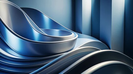 Poster - Curved metallic forms intertwine in a brilliant display of blue tones within a modern art installation. Generative AI