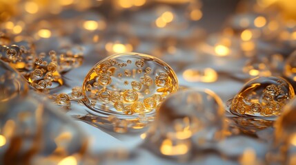 Poster - captivating liquid bubbles shimmering with a golden glow and sparkling reflections creating a mesmer