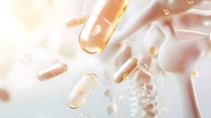 Poster - Captivating macro closeup photography of a luminous translucent pharmaceutical capsule or vitamin supplement against a soft minimalist background  The image showcases the delicate