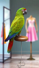 Sticker - Parrot in a Fashion Store: A parrot in a boutique, perched on a clothes rack, trying on various outfits, looking in the mirror and cocking its head like, I look fabulous!