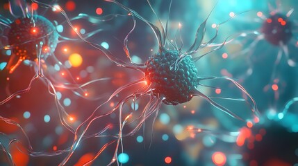 Leinwandbilder - Captivating microscopic view of a neuron synapse with colorful electrical impulses