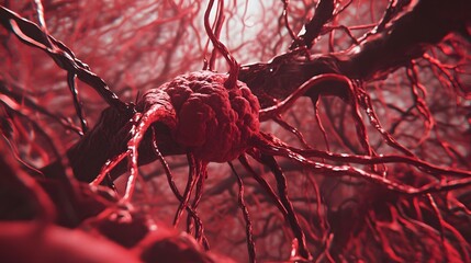 Fototapete - Captivating microscopic view of an abstract granular cellular structure in dramatic vibrant shades of red and crimson  This surreal psychedelic image showcases the intricate