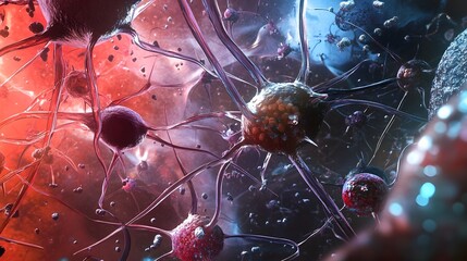 Poster - Captivating microscopic view of intricate cellular structures and patterns in a vibrant colorful abstract composition